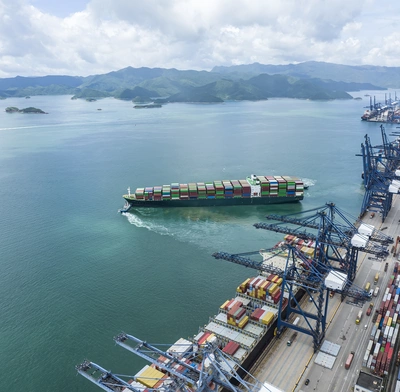 A container ship departs Yantian port in China
