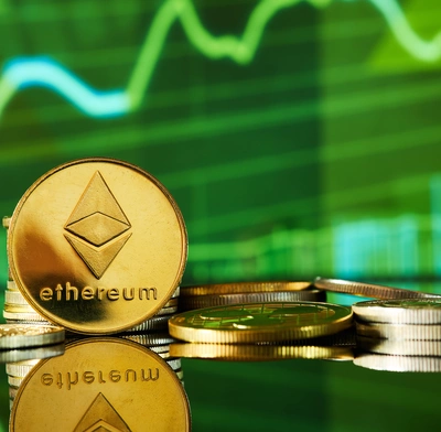 A depiction of an Ether (ETH) coin