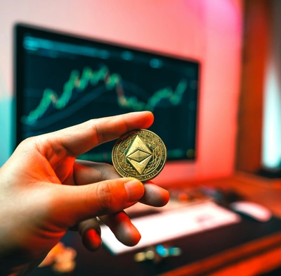 A hand holding an Ether coin