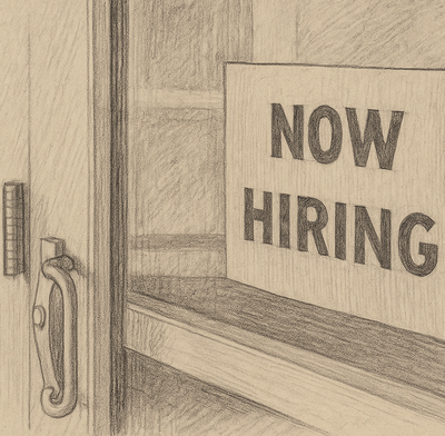 A pencil sketch shows a storefront door slightly ajar, revealing a sign posted on the inside of the glass that reads 'NOW HIRING' in bold letters. The door features a classic handle and a push bar, while empty shelves or display areas are faintly visible in the background, giving the scene a quiet, waiting atmosphere.
