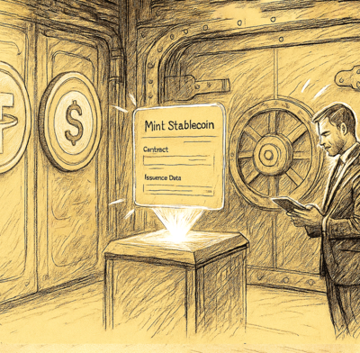 A man mints new coins in a sketch depiction of a stablecoin vault
