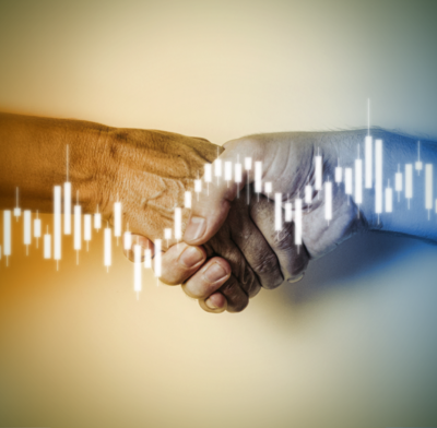 Market price graph rising tentatively amid deal handshake