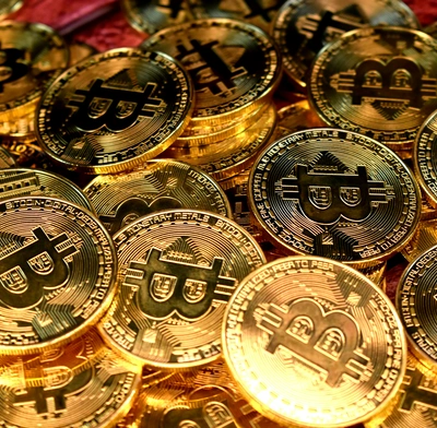 A pile of shiny bitcoins