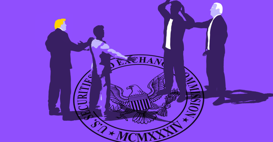 Illustration of Donald Trump next to Paul Atkins facing Joe Biden next to Gensler